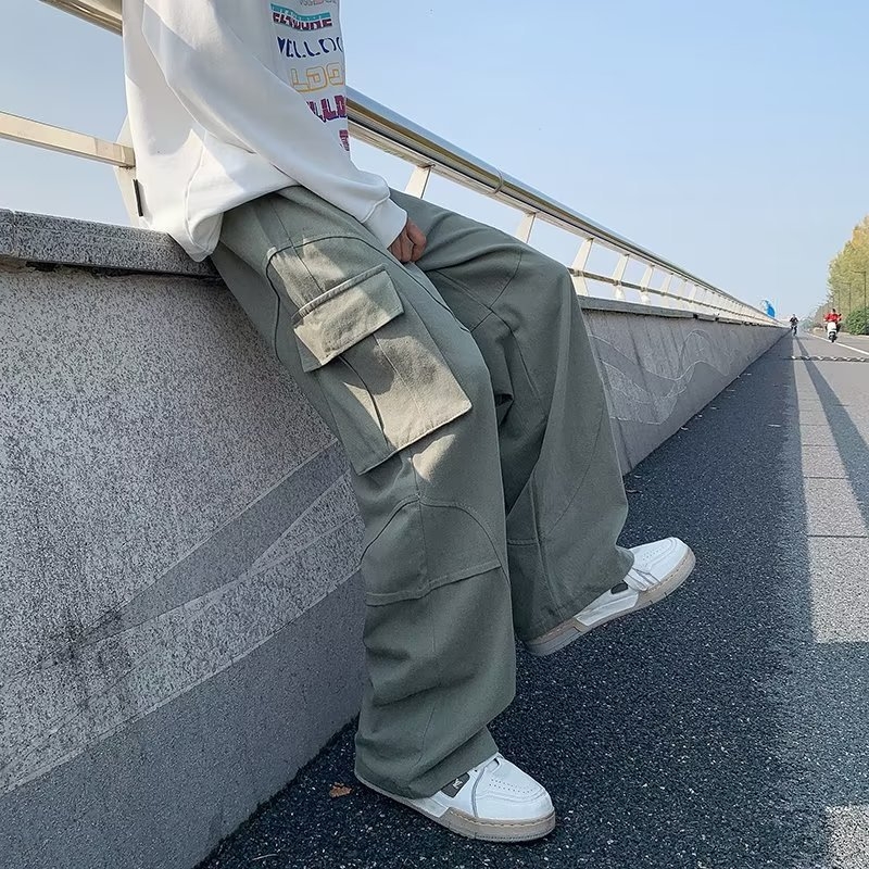 Pantaloni de lucru casual, buzunare multiple, croială lejeră, bumbac, talie medie, închidere cu șnur