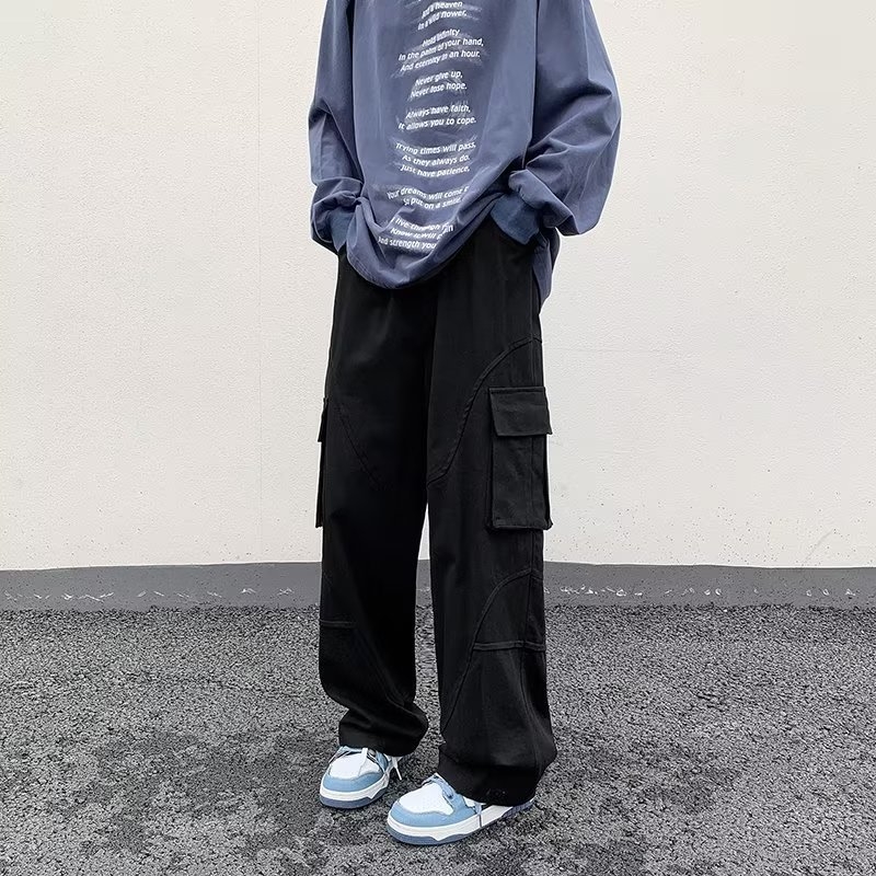 Pantaloni de lucru casual, buzunare multiple, croială lejeră, bumbac, talie medie, închidere cu șnur