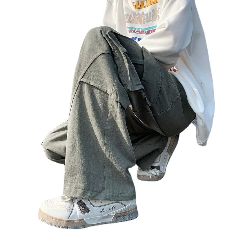 Pantaloni de lucru casual, buzunare multiple, croială lejeră, bumbac, talie medie, închidere cu șnur