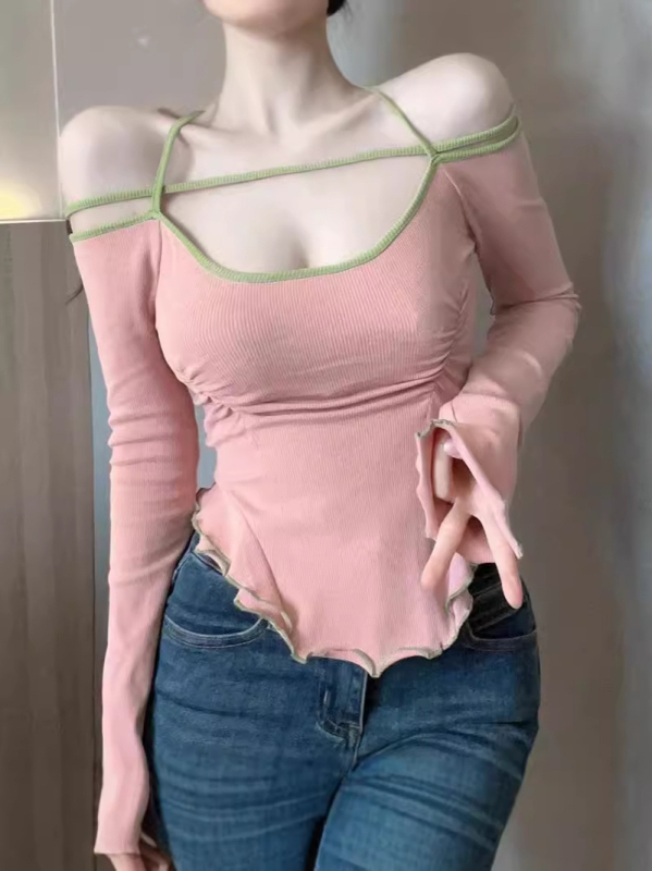 Tricou T‑shirt cu mâneci lungi, croială Slim, culoare solidă, textură creponată, guler cu linie