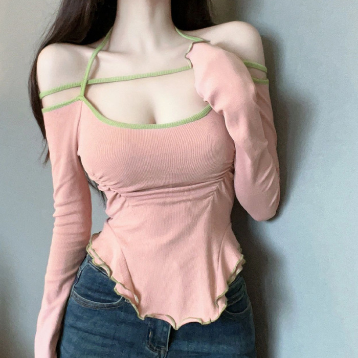 Tricou T‑shirt cu mâneci lungi, croială Slim, culoare solidă, textură creponată, guler cu linie