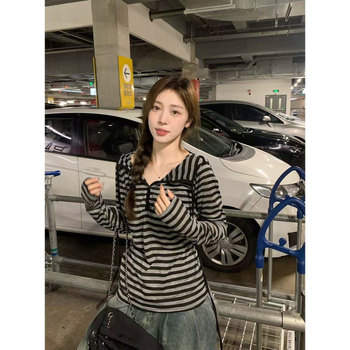 Женска тениска с качулка, полиестер, райета, V-образно деколте, дълъг ръкав