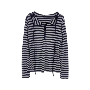 Женска тениска с качулка, полиестер, райета, V-образно деколте, дълъг ръкав