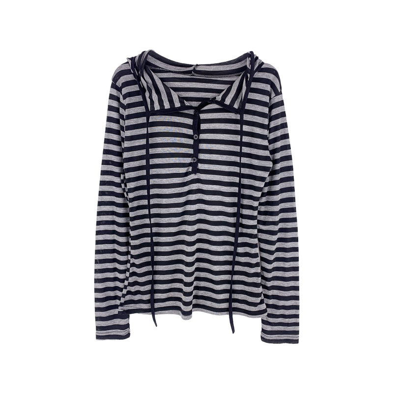 Женска тениска с качулка, полиестер, райета, V-образно деколте, дълъг ръкав