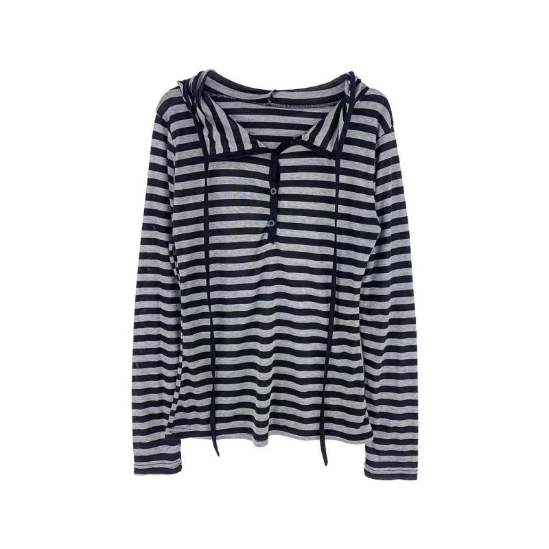 Женска тениска с качулка, полиестер, райета, V-образно деколте, дълъг ръкав