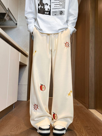 Мъжки памучни бродирани панталони – свободен прав крак, ежедневни панталони с връзки, карикатурен принт, пролетно-есенен сезон