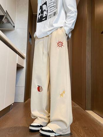 Мъжки памучни бродирани панталони – свободен прав крак, ежедневни панталони с връзки, карикатурен принт, пролетно-есенен сезон