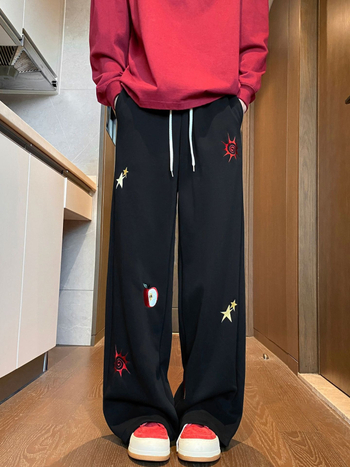 Мъжки памучни бродирани панталони – свободен прав крак, ежедневни панталони с връзки, карикатурен принт, пролетно-есенен сезон