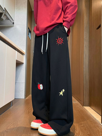 Мъжки памучни бродирани панталони – свободен прав крак, ежедневни панталони с връзки, карикатурен принт, пролетно-есенен сезон