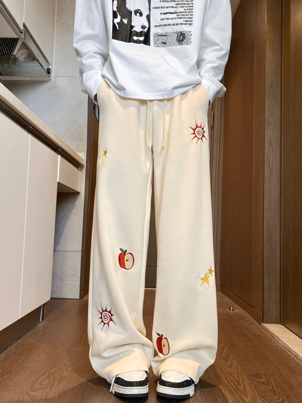 Мъжки памучни бродирани панталони – свободен прав крак, ежедневни панталони с връзки, карикатурен принт, пролетно-есенен сезон