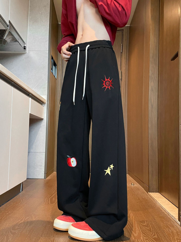 Мъжки памучни бродирани панталони – свободен прав крак, ежедневни панталони с връзки, карикатурен принт, пролетно-есенен сезон