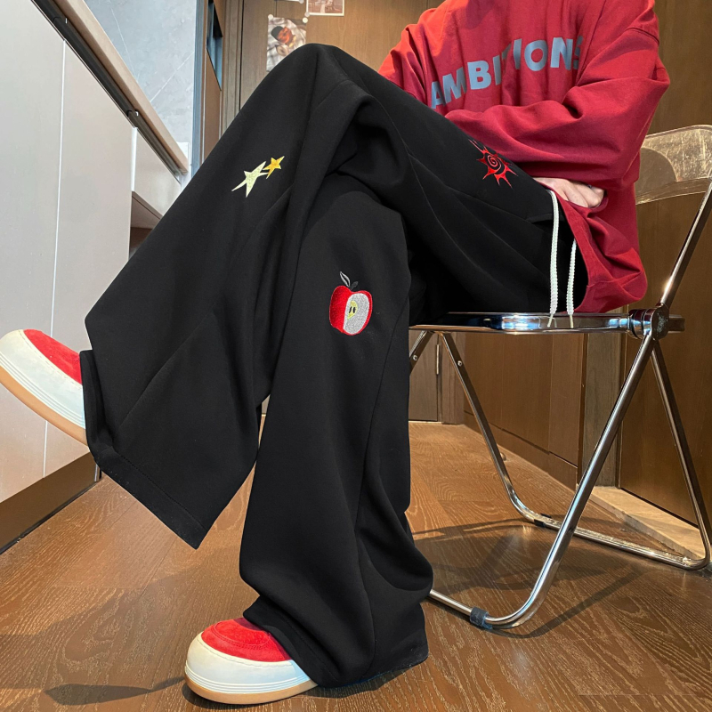 Мъжки памучни бродирани панталони – свободен прав крак, ежедневни панталони с връзки, карикатурен принт, пролетно-есенен сезон