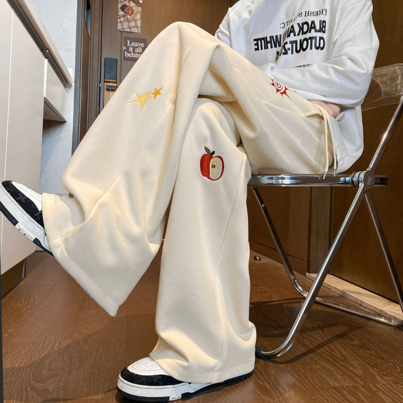 Мъжки памучни бродирани панталони – свободен прав крак, ежедневни панталони с връзки, карикатурен принт, пролетно-есенен сезон