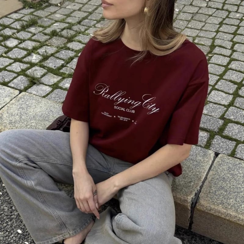 Oversize majica od 100% pamuka s natpisom, europsko-američki stil, elegantan ležeran komad