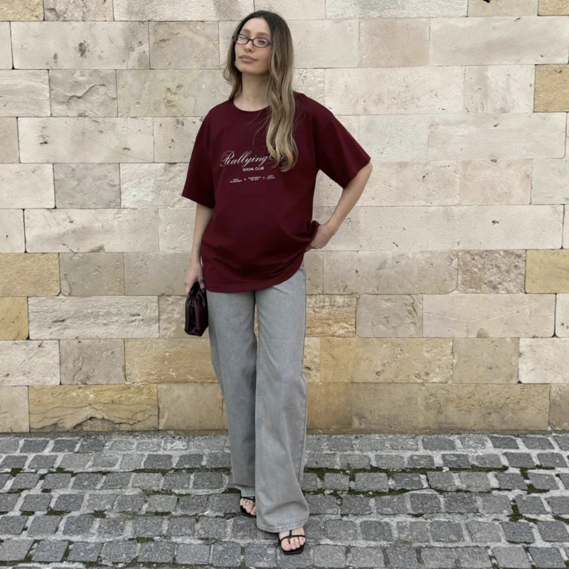 Oversize majica od 100% pamuka s natpisom, europsko-američki stil, elegantan ležeran komad