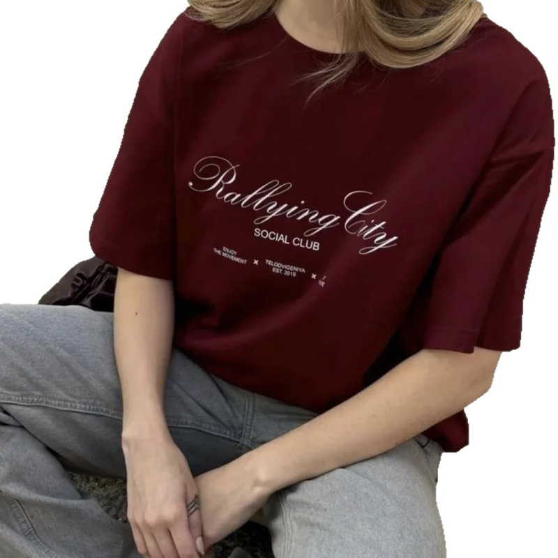 Oversize majica od 100% pamuka s natpisom, europsko-američki stil, elegantan ležeran komad
