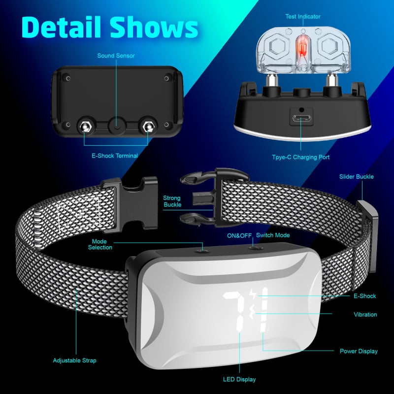 3S intelligens automatikus beállítással működő kutyatréner nyakörv – ugatás elleni, figyelmeztető hang, rezgés és elektromos sokk
