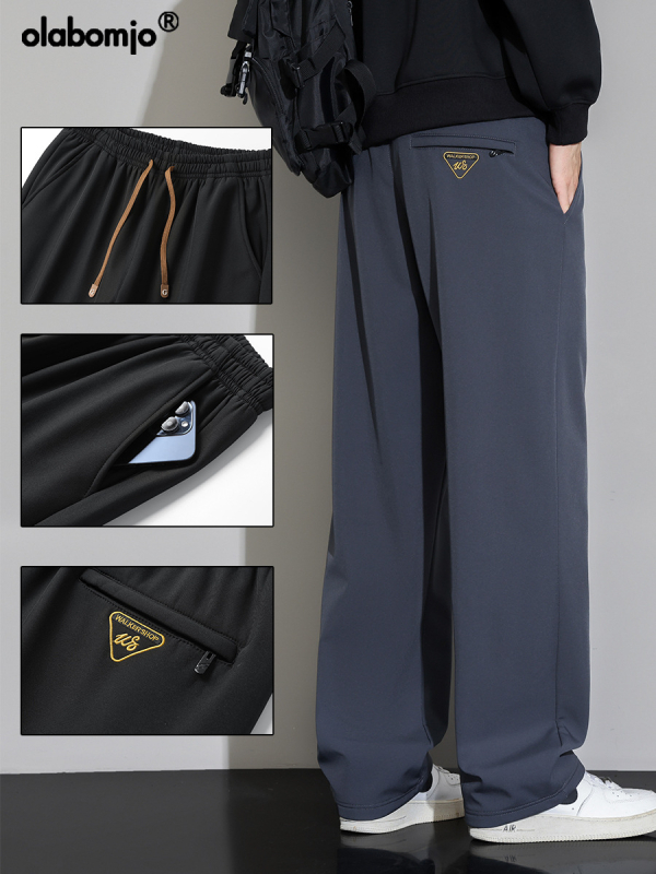 Мъжки спортно-ежедневни панталони от полиестер с подплатен флис, прави крачоли, средна талия, връзки за закопчаване, джобове