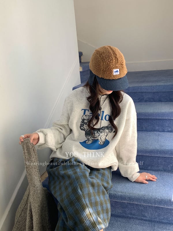 Худи с качулка от флийс, геометричен принт, свободен силует, кръгло деколте