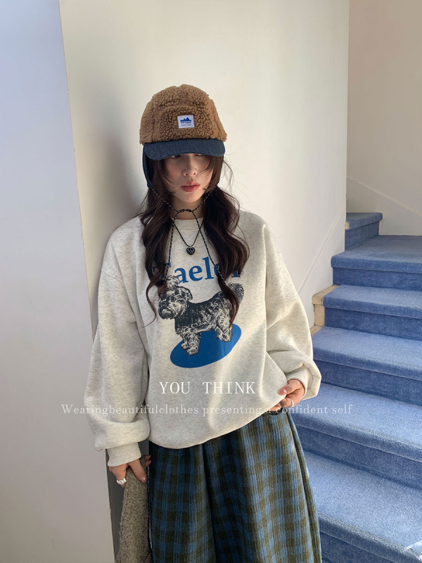 Худи с качулка от флийс, геометричен принт, свободен силует, кръгло деколте