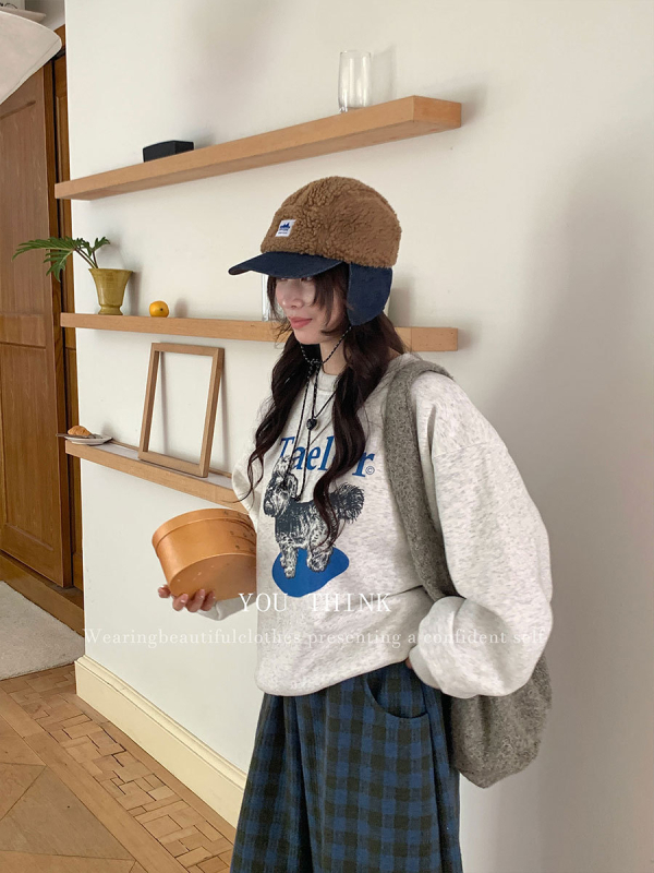 Худи с качулка от флийс, геометричен принт, свободен силует, кръгло деколте