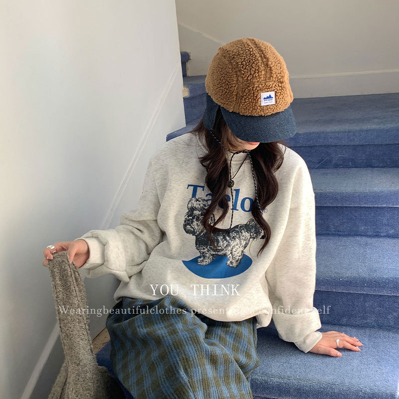 Худи с качулка от флийс, геометричен принт, свободен силует, кръгло деколте