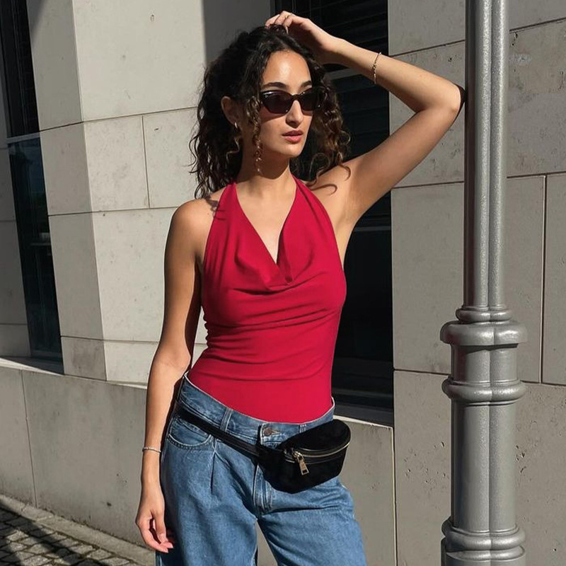 Ženski T‑shirt bez rukava s halter izrezom i otvorenim leđima, od poliester tkanine, uski kroj