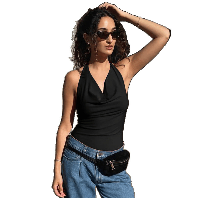Ženski T‑shirt bez rukava s halter izrezom i otvorenim leđima, od poliester tkanine, uski kroj