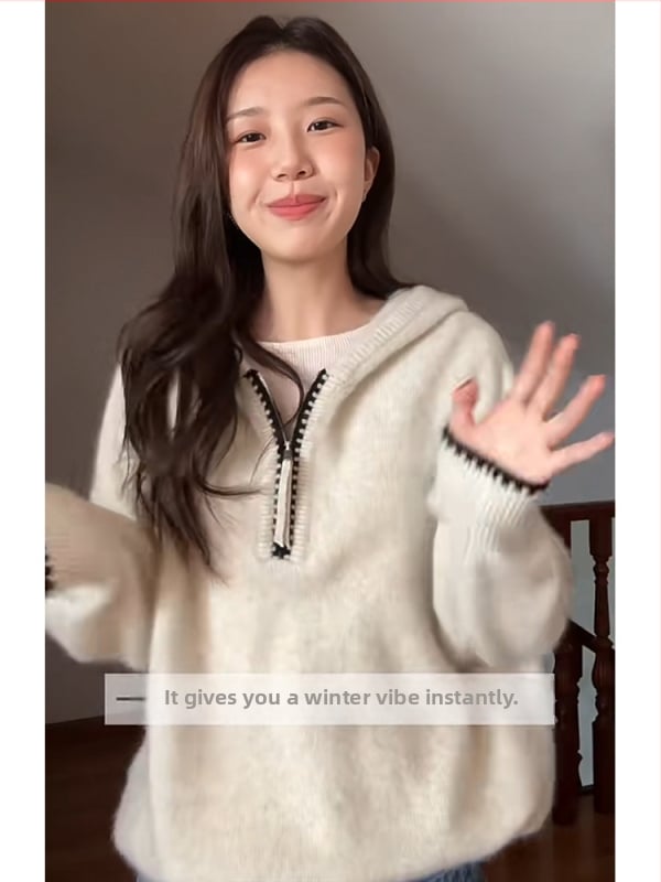 Ženski pleteni džemper s kapuljačom, kašmir–akrila smjesa, debeli, labav kroj, zatvarač, jesen-zima 2025