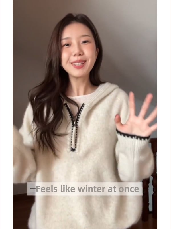 Ženski pleteni džemper s kapuljačom, kašmir–akrila smjesa, debeli, labav kroj, zatvarač, jesen-zima 2025
