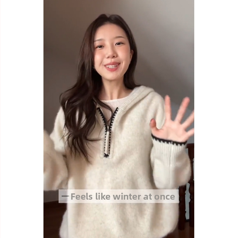 Ženski pleteni džemper s kapuljačom, kašmir–akrila smjesa, debeli, labav kroj, zatvarač, jesen-zima 2025
