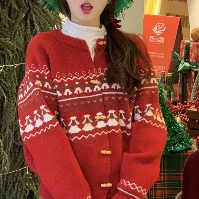 Ženski cardigan Fair Isle Jacquard, srednje debljine, materijal imitacija kašmira/akril, raglan rukavi, okrugli izrez, kopče u jednom redu, jesen-zima 2025