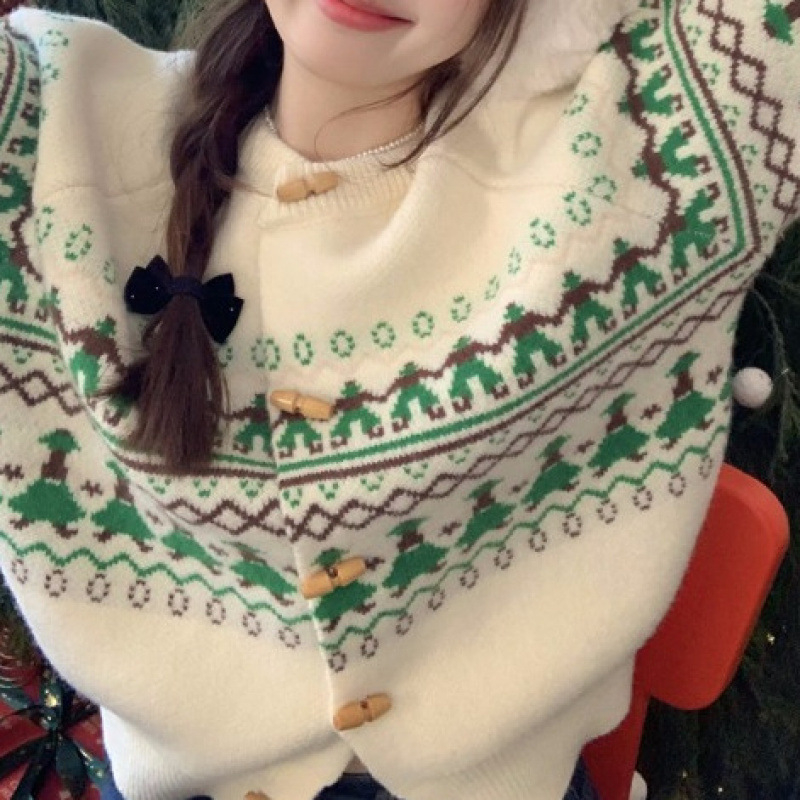 Ženski cardigan Fair Isle Jacquard, srednje debljine, materijal imitacija kašmira/akril, raglan rukavi, okrugli izrez, kopče u jednom redu, jesen-zima 2025