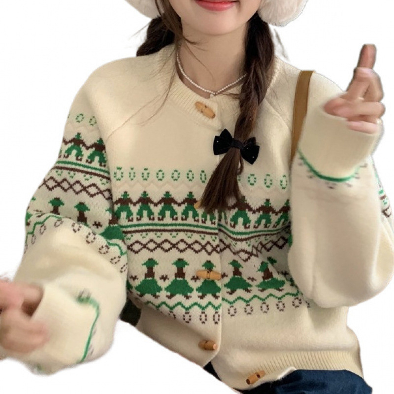 Ženski cardigan Fair Isle Jacquard, srednje debljine, materijal imitacija kašmira/akril, raglan rukavi, okrugli izrez, kopče u jednom redu, jesen-zima 2025