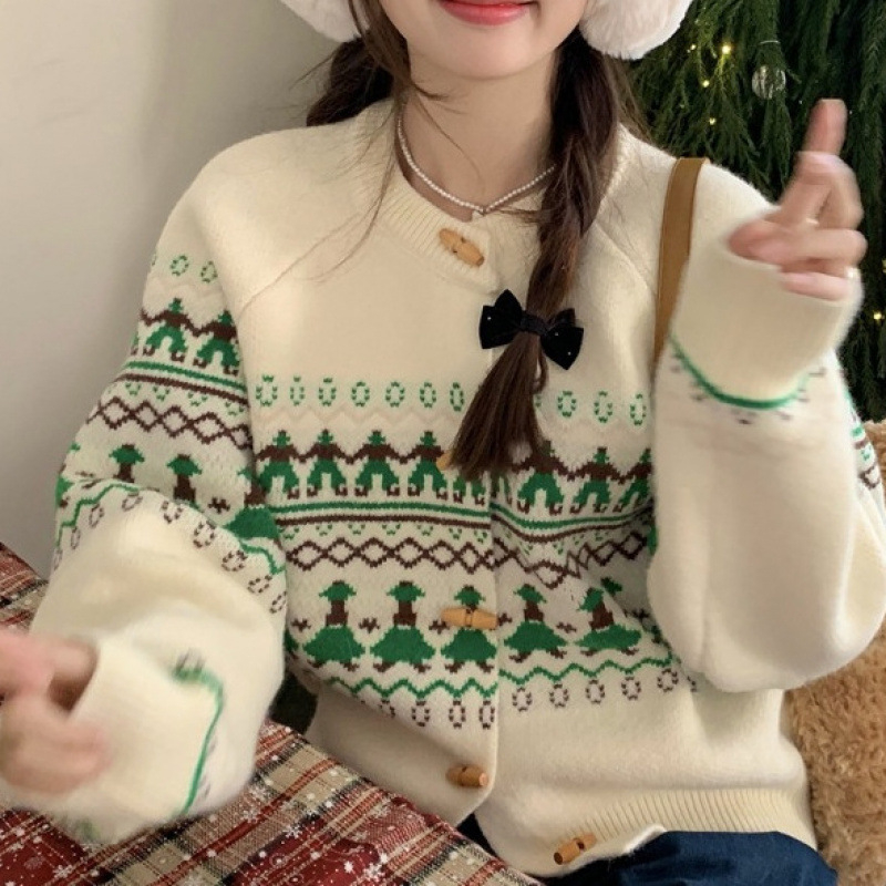Ženski cardigan Fair Isle Jacquard, srednje debljine, materijal imitacija kašmira/akril, raglan rukavi, okrugli izrez, kopče u jednom redu, jesen-zima 2025