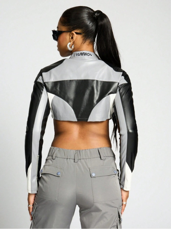 Ženska kožna jakna sa stojećim ovratnikom, zatvarač sprijed, kratka duljina, kontrastni dizajn