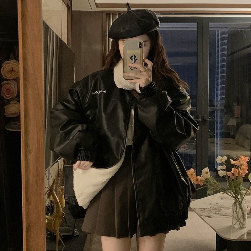 Ženska PU kožna jakna, dvostruka, s ovčjom vunom za zimu, baseball ovratnik, retro stil