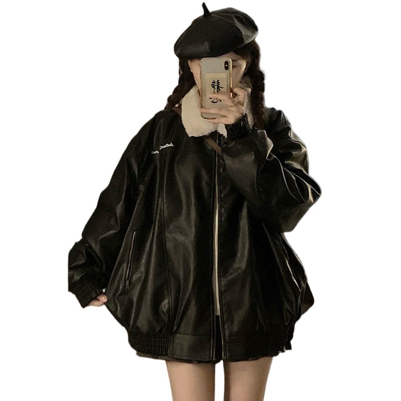 Ženska PU kožna jakna, dvostruka, s ovčjom vunom za zimu, baseball ovratnik, retro stil