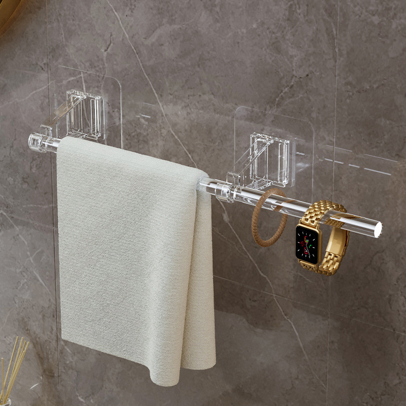 Držač ručnika za kupaonicu s dvostrukom šipkom, bez bušenja, prozirni akril, moderni minimalistički dizajn, nosivost 25 kg, 1 sloj