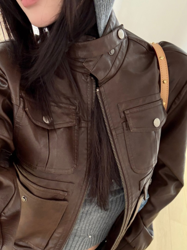 PU kožna jakna za žene, casual stil, stojeći ovratnik, dugi rukavi, zatvarač, jesen 2025