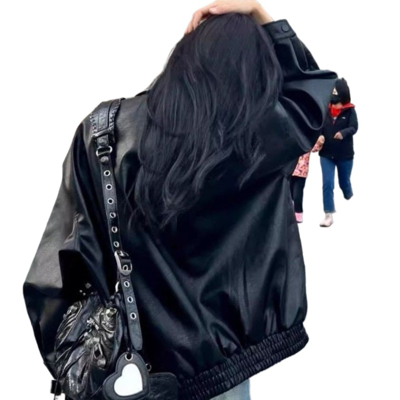Ženska kožna jakna u korejskom stilu, kratka verzija ≤40 cm, četvrtasti ovratnik, zatvarač, imitacija kože