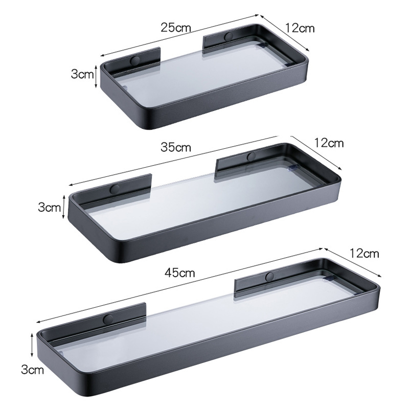 Bez bušenja zidna polica za kupaonicu sa kvadratnim staklenim prednjim dijelom, Space aluminij, nosivost 1–5 kg, minimalistički stil