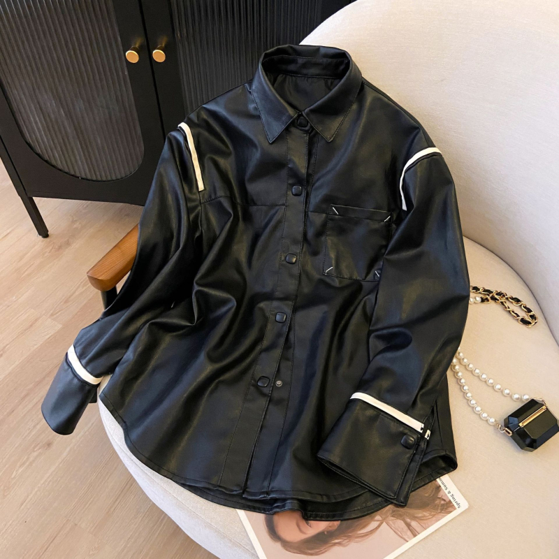 Kožna jakna - rever, dugi rukavi, jednostruko kopčanje, PU materijal, gradski stil