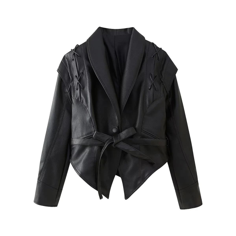 Ženska PU kožna jakna s reverom, quiltirani uzorak, zatvaranje vezanjem, dugi rukavi