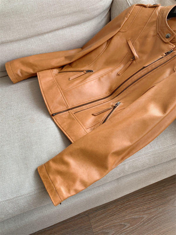 Ženska kožna jakna od ovčje kože, sa stojećim ovratnikom, dugim rukavima, elegantan gradski stil, standardne dužine 50–65 cm