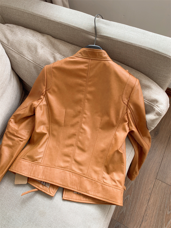 Ženska kožna jakna od ovčje kože, sa stojećim ovratnikom, dugim rukavima, elegantan gradski stil, standardne dužine 50–65 cm