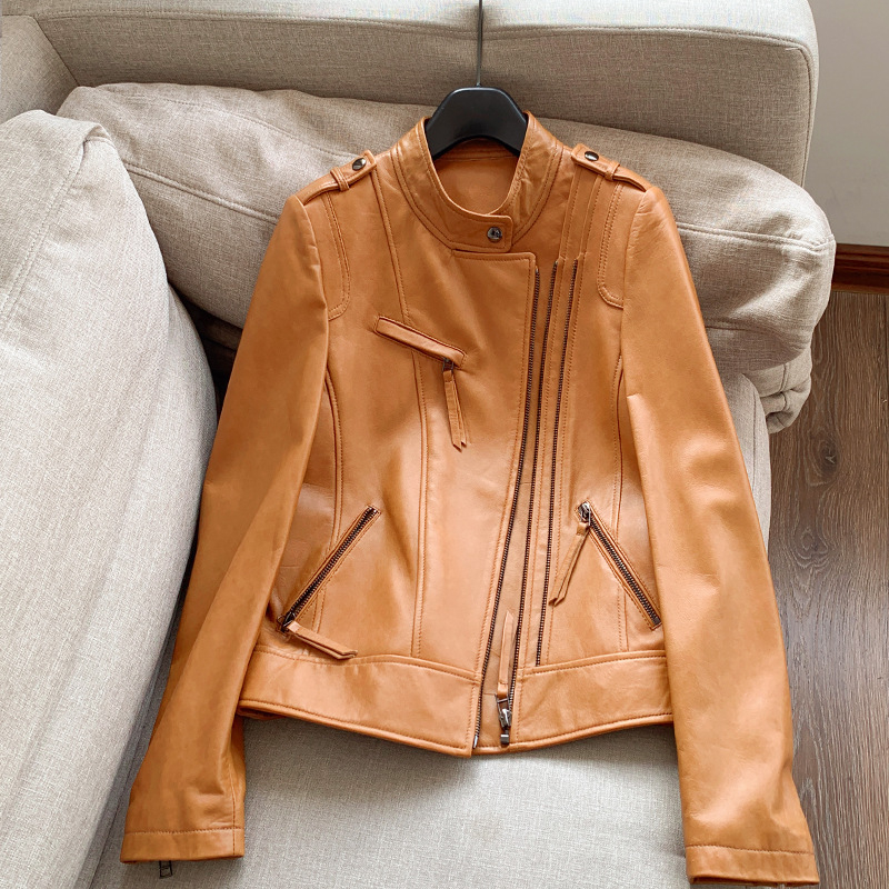 Ženska kožna jakna od ovčje kože, sa stojećim ovratnikom, dugim rukavima, elegantan gradski stil, standardne dužine 50–65 cm