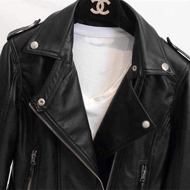 PU kožna biker jakna s reverom, kratkog kroja, korejskog stila za žene