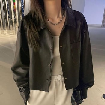 Ženska jakna od umjetne kože u stilu Harajuku Hong Kong, biker, ultra kratka duljina ≤40 cm, polo ovratnik, umjetna koža s pranom završnom obradom