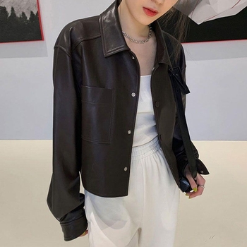 Ženska jakna od umjetne kože u stilu Harajuku Hong Kong, biker, ultra kratka duljina ≤40 cm, polo ovratnik, umjetna koža s pranom završnom obradom